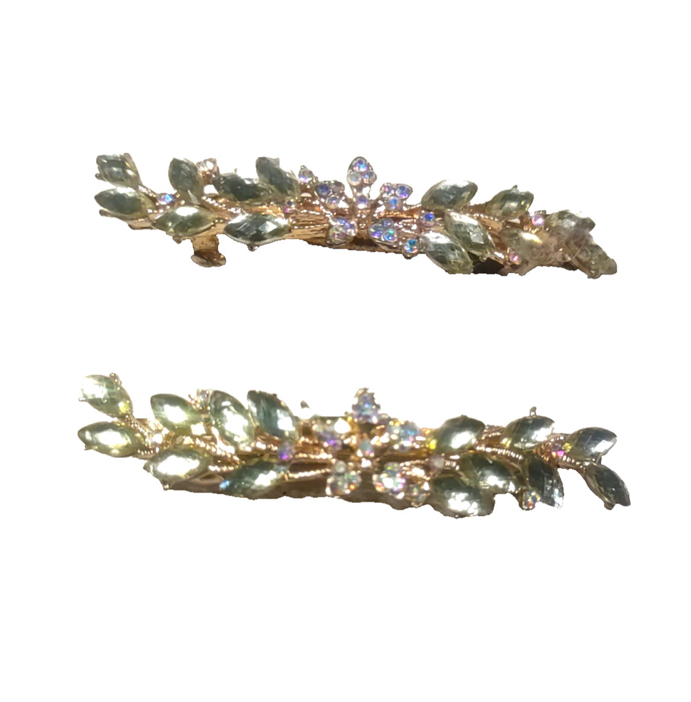 Lot Of Two Twin Hair Barrettes Tension Clips Gold Tone Rhinestone Elegant...